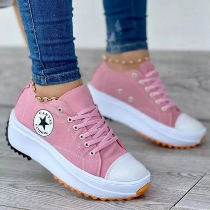 Women's Platform Sneakers - Canvas Upper - Lace-Up - Thick Cushioned Sole - Low-Top