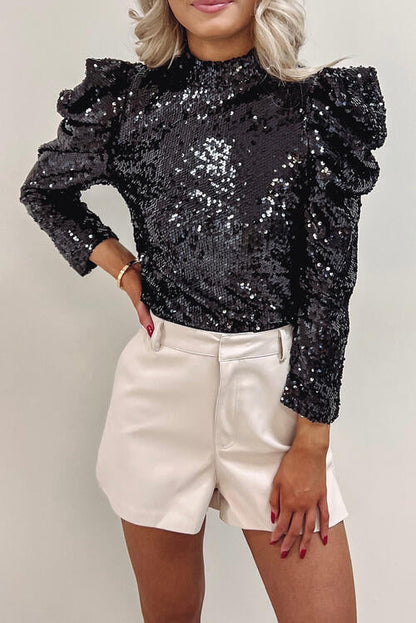 Women's sequin mock neck leg-of-mutton sleeve top
