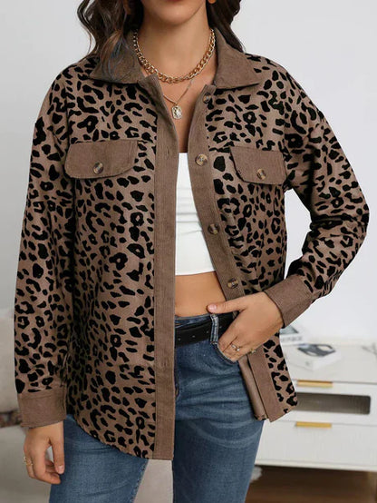 Women’s Shacket – Relaxed Fit Corduroy – Button-Up Long Sleeve – Animal Print