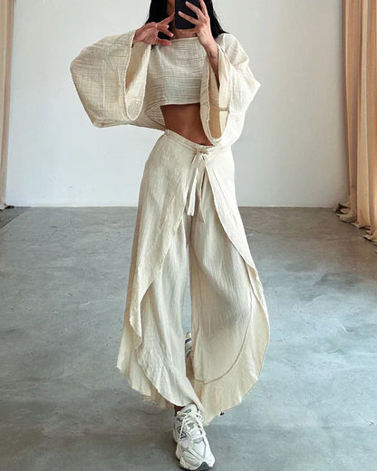 Women’s Two-Piece Set - Crop Top & Wide-Leg Pants - Bell Sleeve - High Waist Tie Front