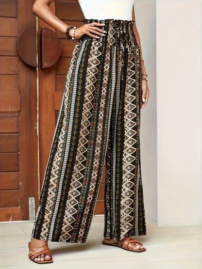 Women's Wide-Leg Pants - High-Waisted Bohemian Print - Flowing Relaxed Fit