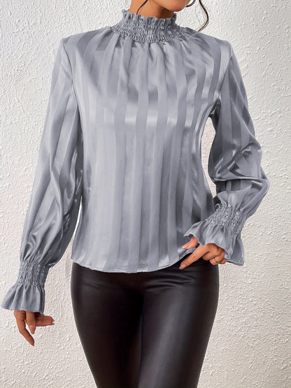 Women's Blouse - High Smocked Neck - Long Sleeve Ruffle Cuffs - Glossy Finish