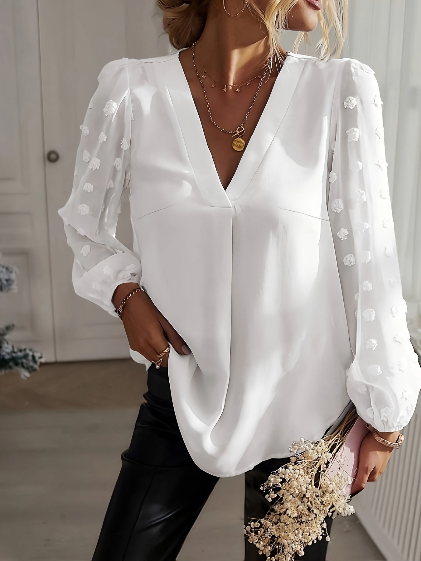 Women's Blouse - V-Neck - Sheer 3D Applique Sleeves - Relaxed Fit - Elegant Style