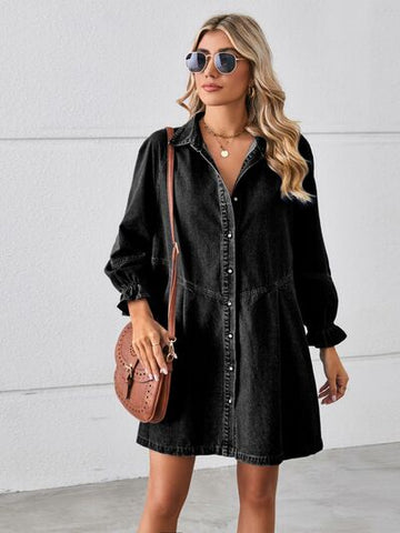 Women's denim button up flounce sleeve mini dress