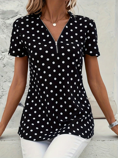 Short-sleeved v-neck zipper t-shirt with polka dots for women