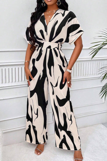 Women's Jumpsuit - V-Neck - Short Sleeve - Wide Leg - Cinched Waist - Lightweight