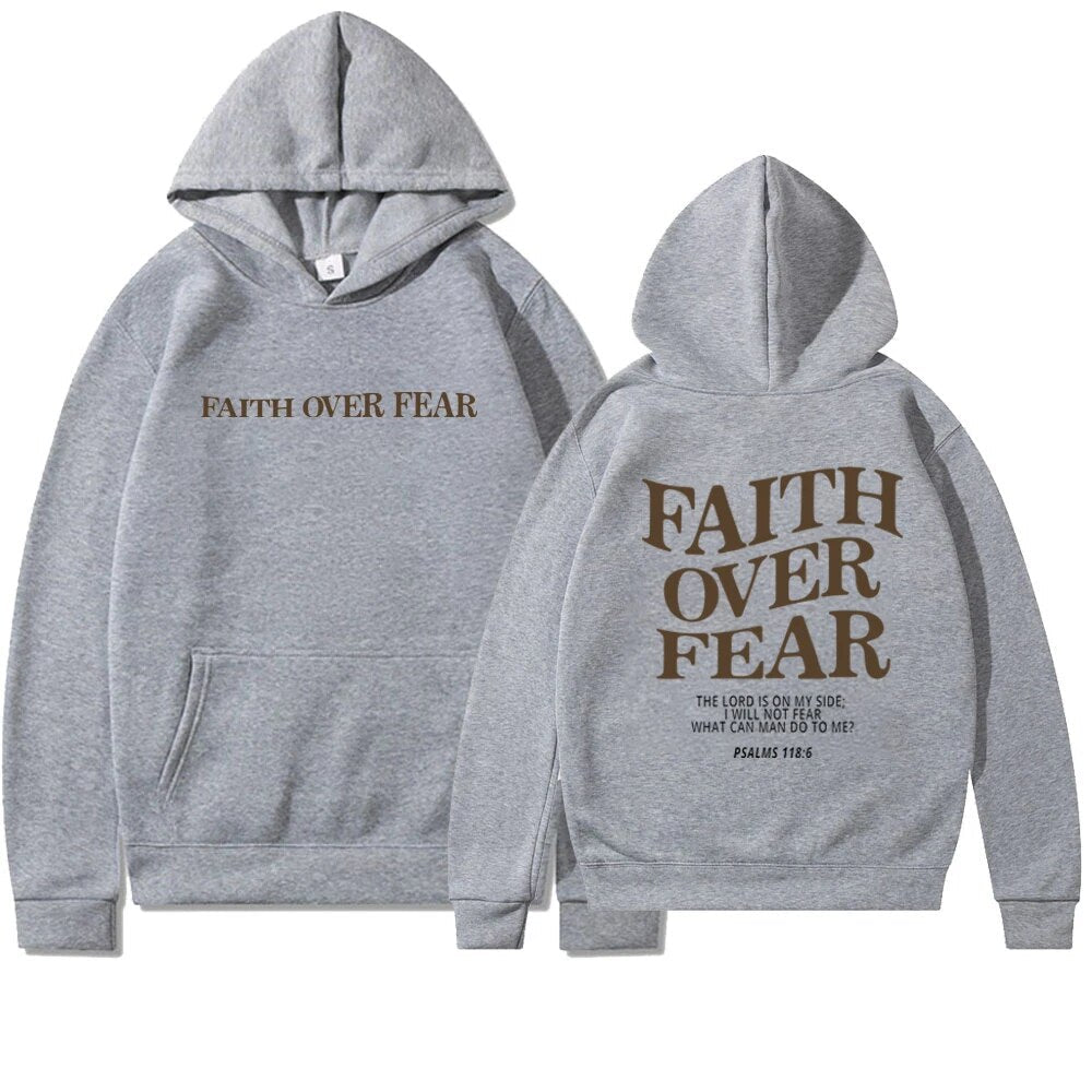 Women's drop shoulder hoodie with 'Faith Over Fear' back  print