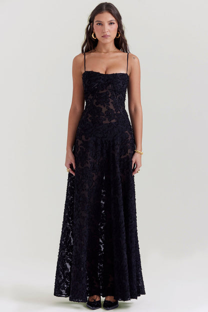 Women's Evening Gown - Floral Sheer Overlay - Spaghetti Straps - Sweetheart Neckline