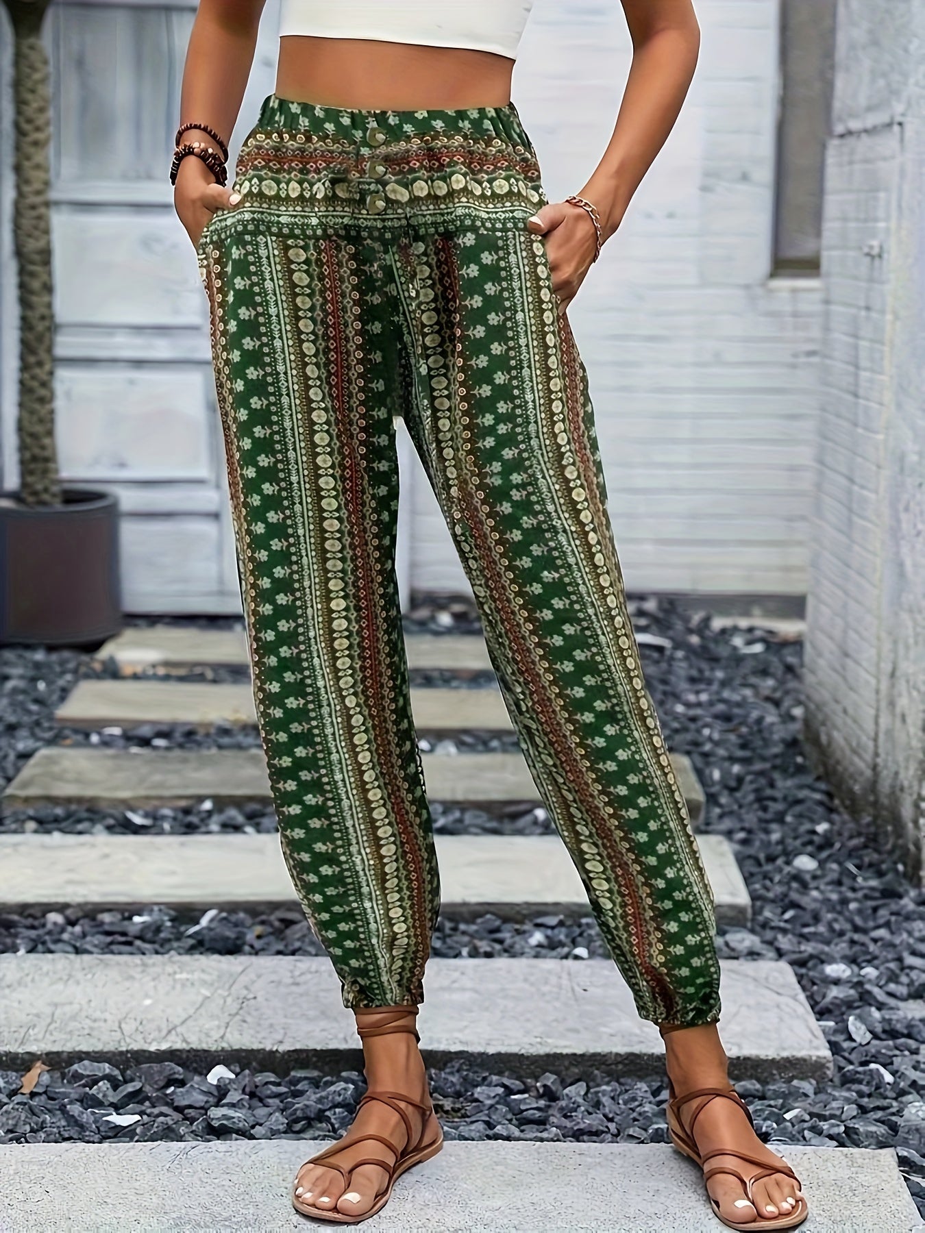 Bohemian high-waist printed casual pants with elastic hem for women