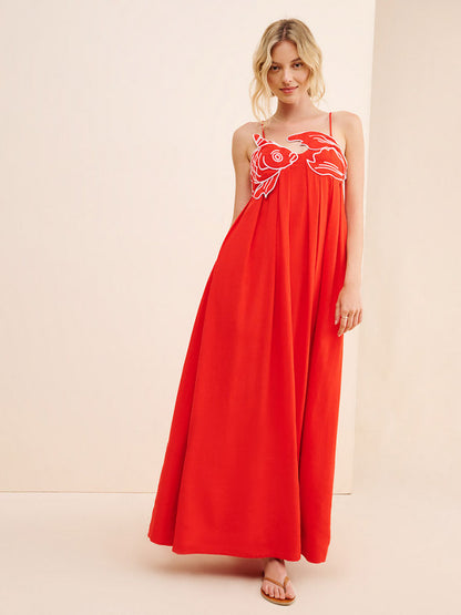 Women's Maxi Dress - Embroidered Chest - Spaghetti Straps - Flowy Loose Fit