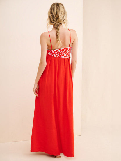 Women's Maxi Dress - Embroidered Chest - Spaghetti Straps - Flowy Loose Fit