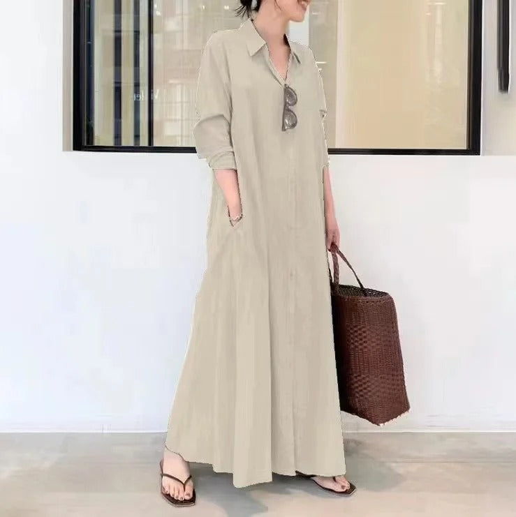 Women's solid color long sleeve pocket casual dress