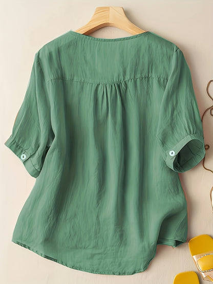 Women's V-Neck Blouse - Embroidered Detail - Short Sleeve - Lightweight & Flowy
