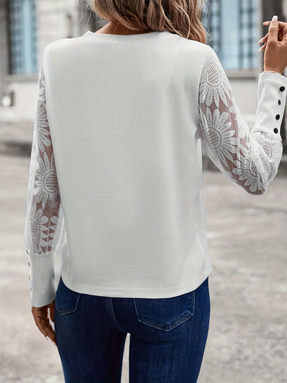 Floral sleeve round neck button cuff casual top for women