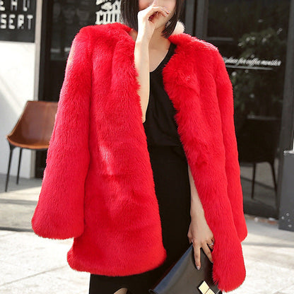 Women’s Faux Fur Coat – Oversized Fit – Collarless Open Front – Mid-Length Plush Style