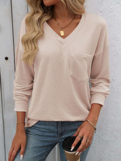 Women's V-Neck Sweater - Textured Knit - Long Sleeve - Relaxed Fit - Chest Pocket