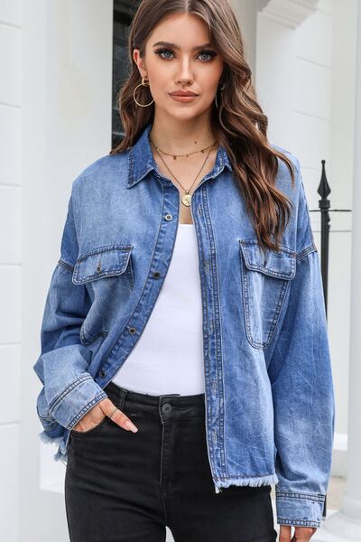 Juliette - raw hem pocketed collared neck denim jacket