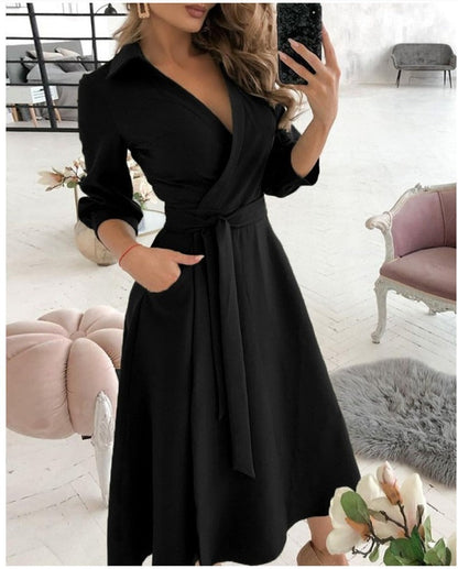Women’s Wrap Dress - V-Neck - Fitted Waist with Tie - A-Line Silhouette - 3/4 Sleeve