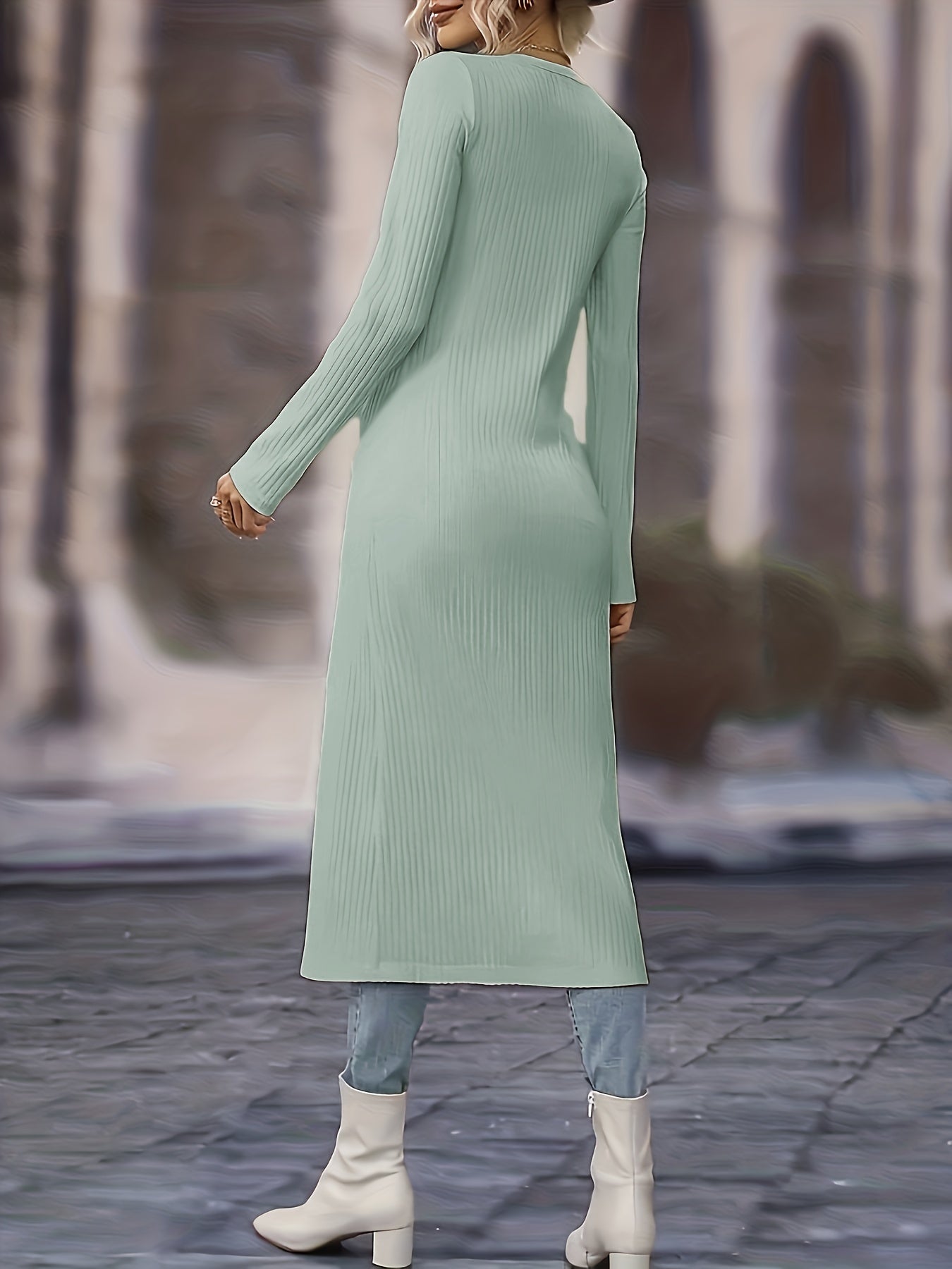 Women's Long Cardigan - Ribbed Knit - Button-Front V-Neck - Tailored Fit