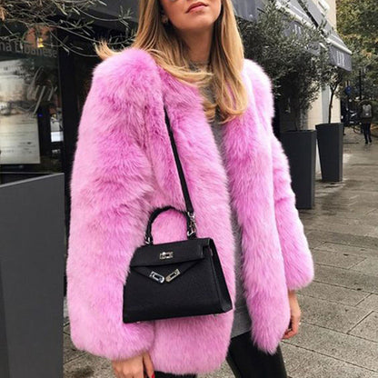 Women’s Faux Fur Coat – Oversized Fit – Collarless Open Front – Mid-Length Plush Style