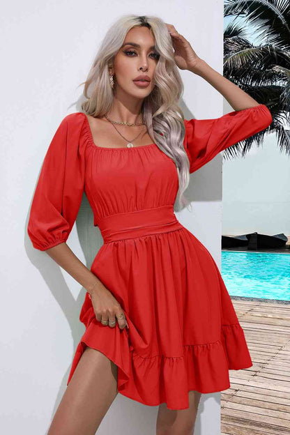 Women's A-Line Dress - Square Neck - 3/4 Sleeve - Ruched Bodice - Tiered Hem