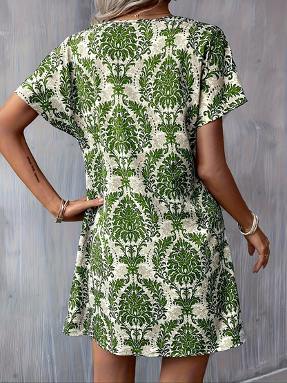 Women's Midi Dress - Short Sleeve V-Neck - Relaxed Fit Casual Floral Print