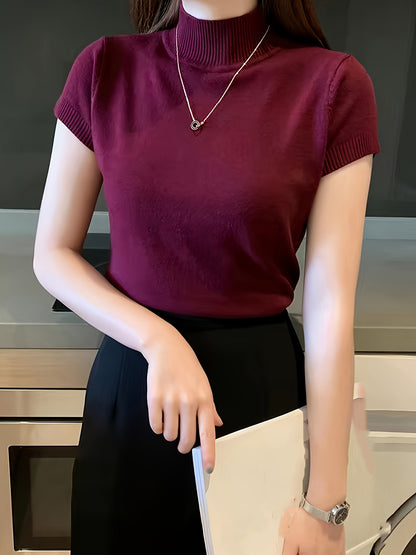 Short-sleeve high-neck fitted knit top for women