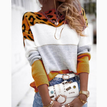 Women's color-blocked leopard print crew neck casual sweater