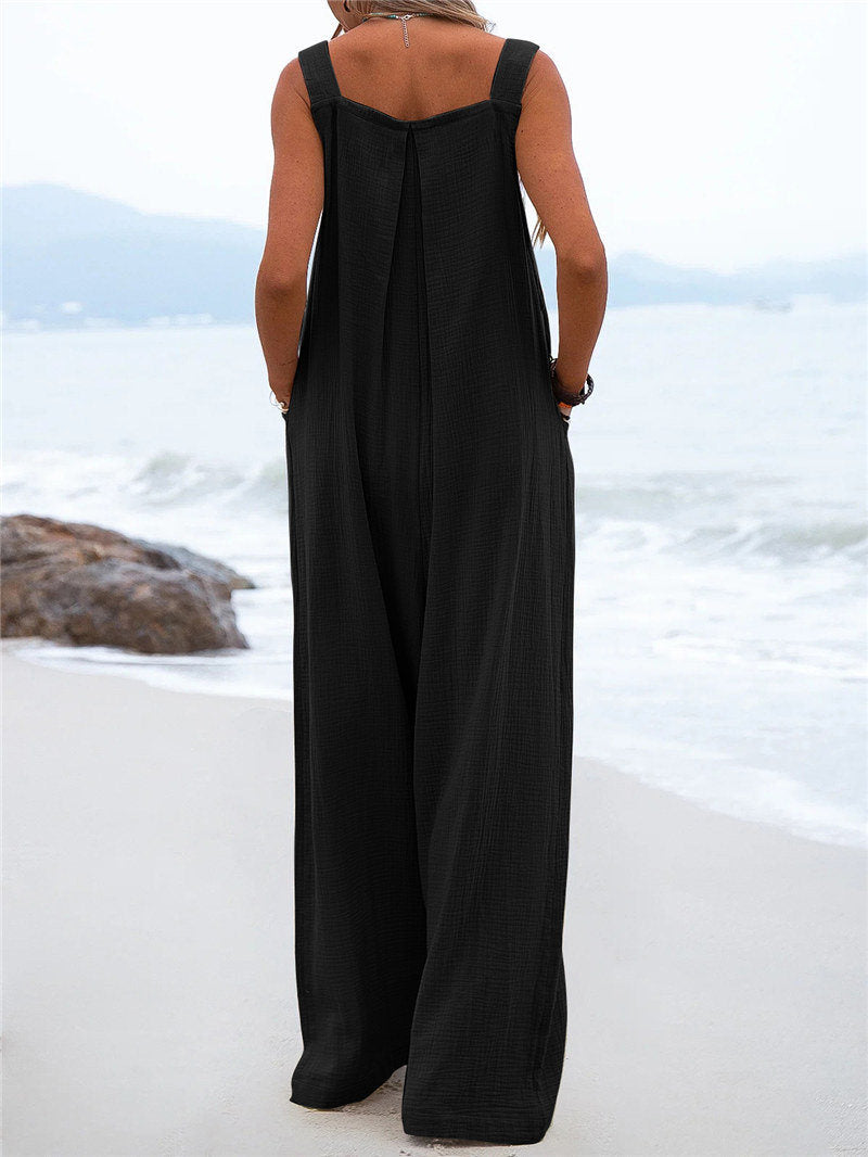 Women's Wide-Leg Jumpsuit - Breathable Fabric - Relaxed Fit - Button Straps & Pockets