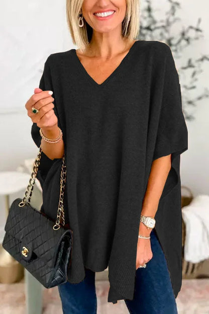 Women's Poncho Top - Loose Fit - Soft Knit - V-Neck Flowy Draped Style