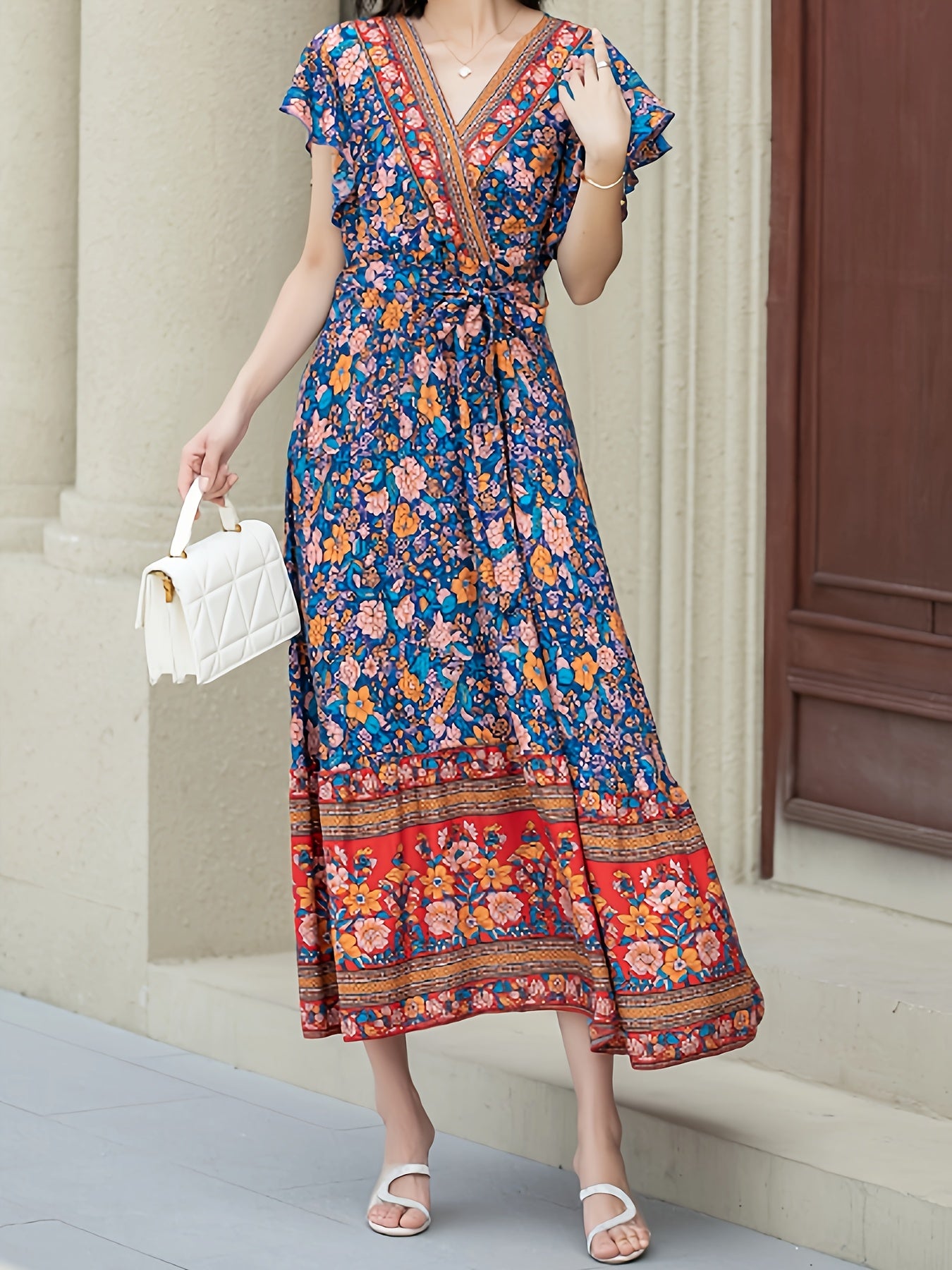 Women’s Maxi Dress - Bohemian Wrap Style - Floral Print - Short Ruffled Sleeves
