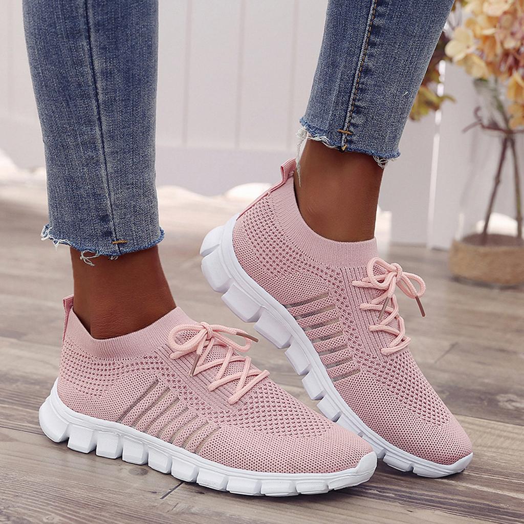 Women's Sneakers - Lightweight Breathable Knit - Slip-On Lace-Up - Cushioned Sole