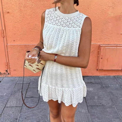 Women’s Sleeveless Knit Dress - Textured Open-Knit Top - Flared Skirt - Ruffled Hem