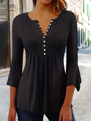 Button v-neck pleated long-sleeve blouse for women