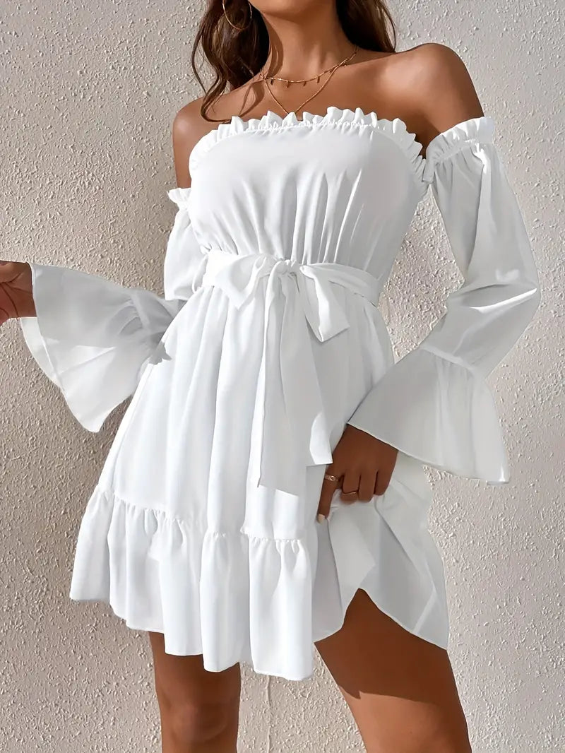 Women's off-shoulder ruffle hem drawstring dress