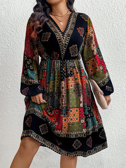 Women's Boho Midi Dress - V-Neck Patchwork Print - Long Sleeve Flowy Fit