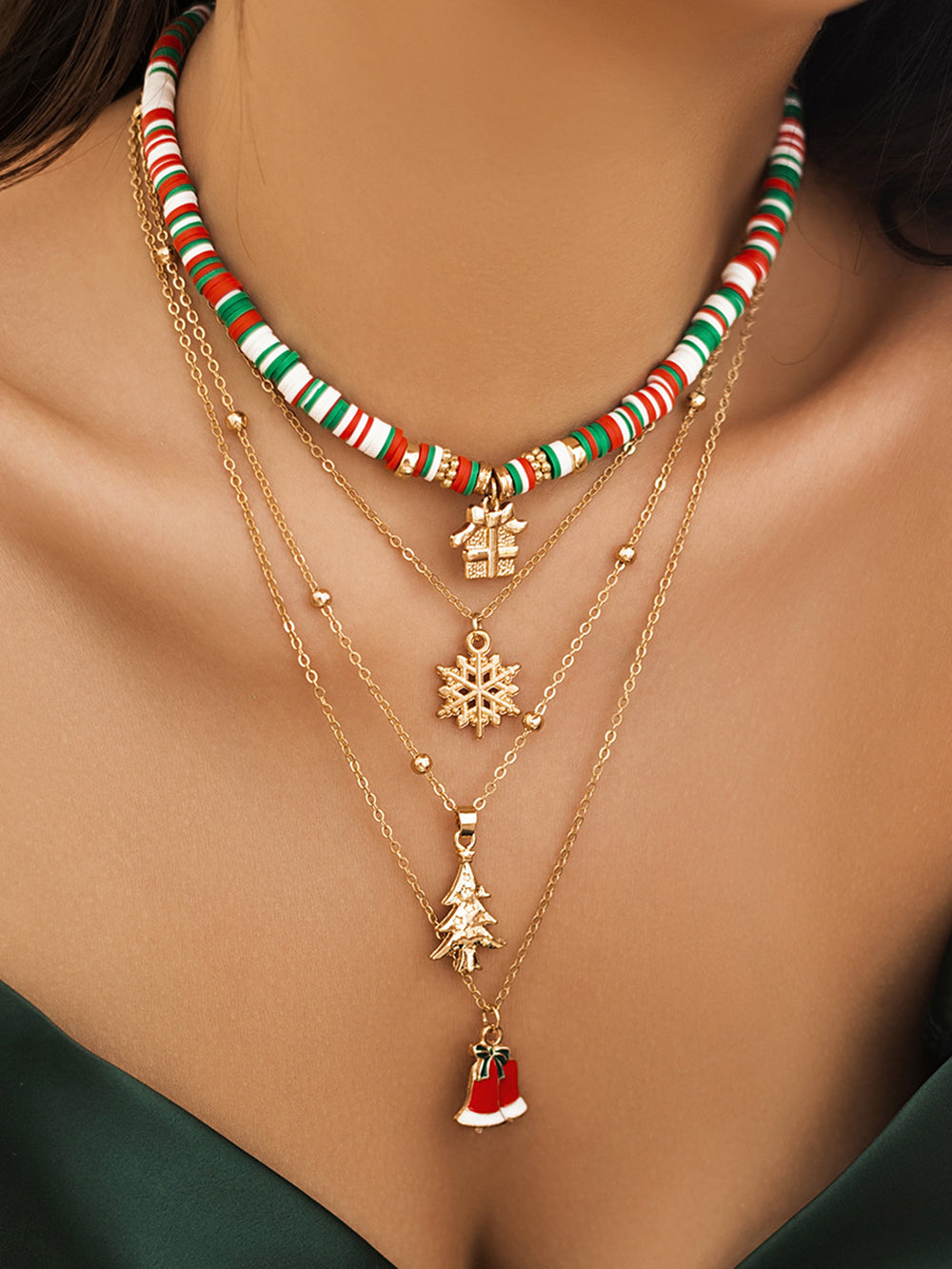 Layered Christmas charm necklace set