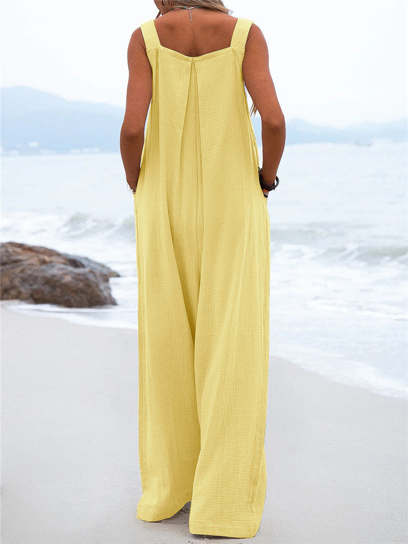 Women's Wide-Leg Jumpsuit - Breathable Fabric - Relaxed Fit - Button Straps & Pockets