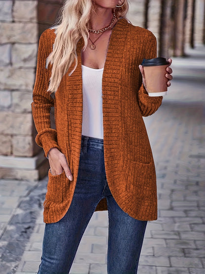 Open front ribbed longline casual cardigan sweater for women