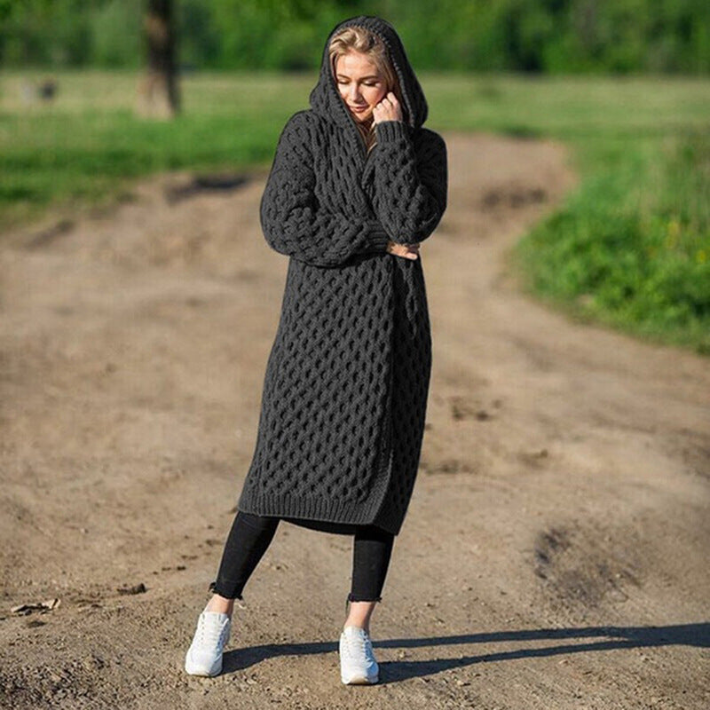 Long hooded cable-knit cardigan for autumn/winter