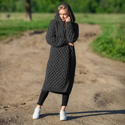 Long hooded cable-knit cardigan for autumn/winter