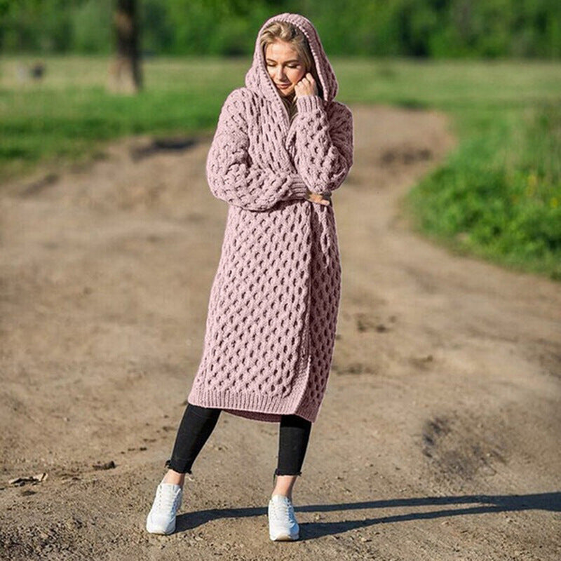 Long hooded cable-knit cardigan for autumn/winter