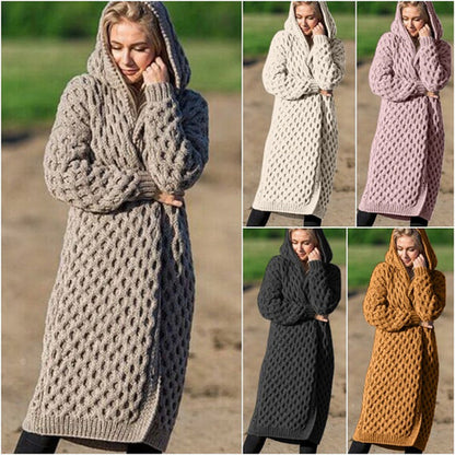 Long hooded cable-knit cardigan for autumn/winter