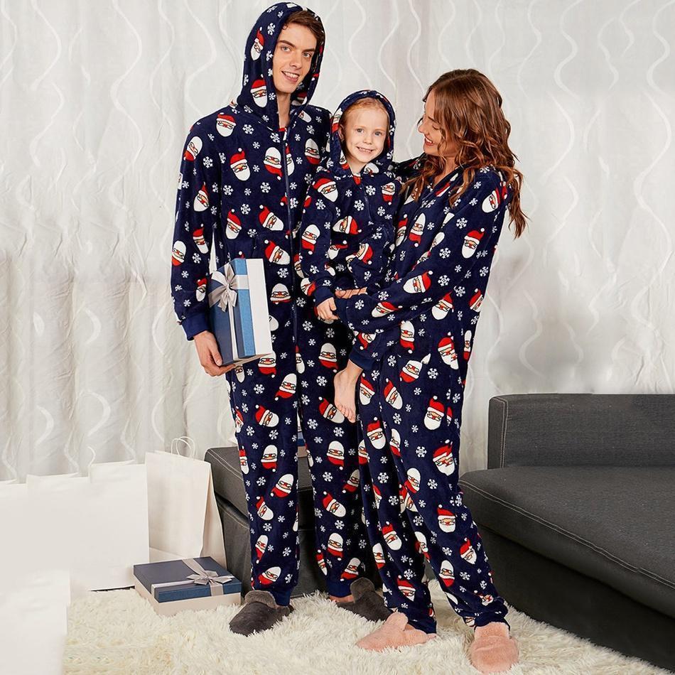 Family matching hooded pajama set with santa print