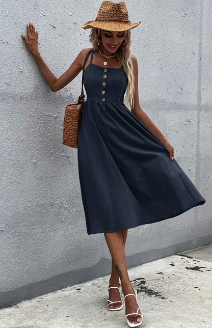 Women's A-Line Midi Dress - Sleeveless Spaghetti Strap - Button-Down Flared Fit