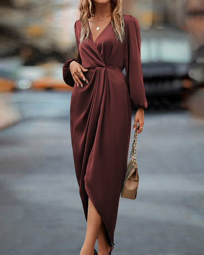 Women's Wrap Dress - Deep V-Neck - Long Puff Sleeves - Ruched Waist - Asymmetrical Hem