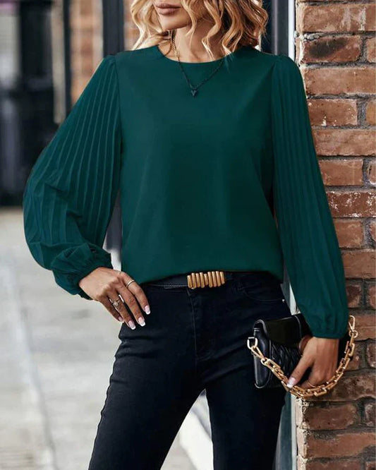 Pleated Lantern Sleeve Round Neck Top