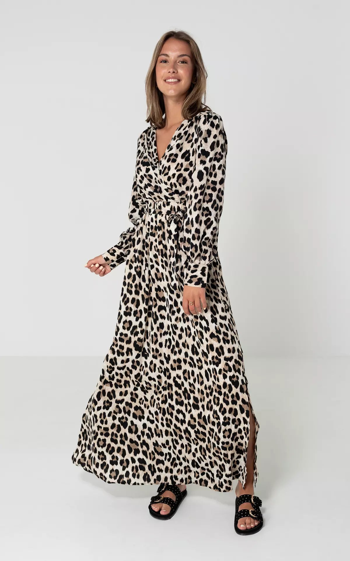 Women's Maxi Dress - Wrap Style - V-Neck Long Sleeve - Tie Waist Animal Print
