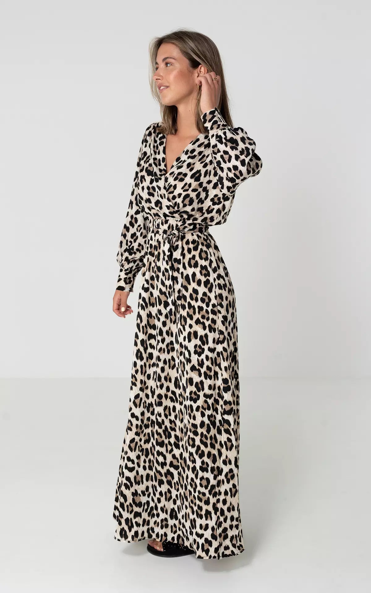 Women's Maxi Dress - Wrap Style - V-Neck Long Sleeve - Tie Waist Animal Print