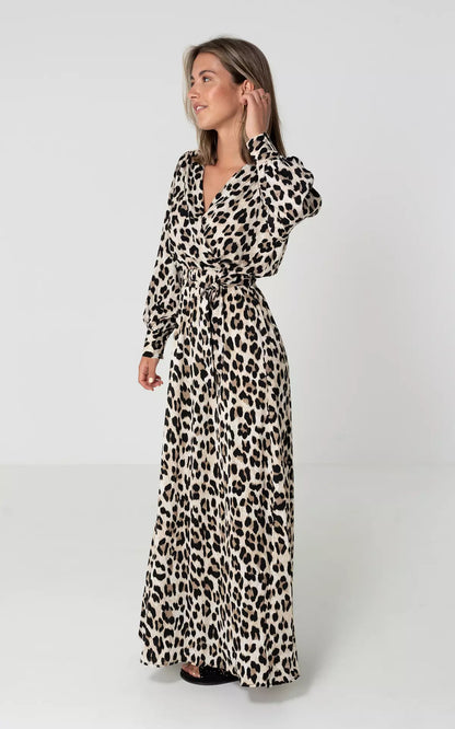 Women's Maxi Dress - Wrap Style - V-Neck Long Sleeve - Tie Waist Animal Print